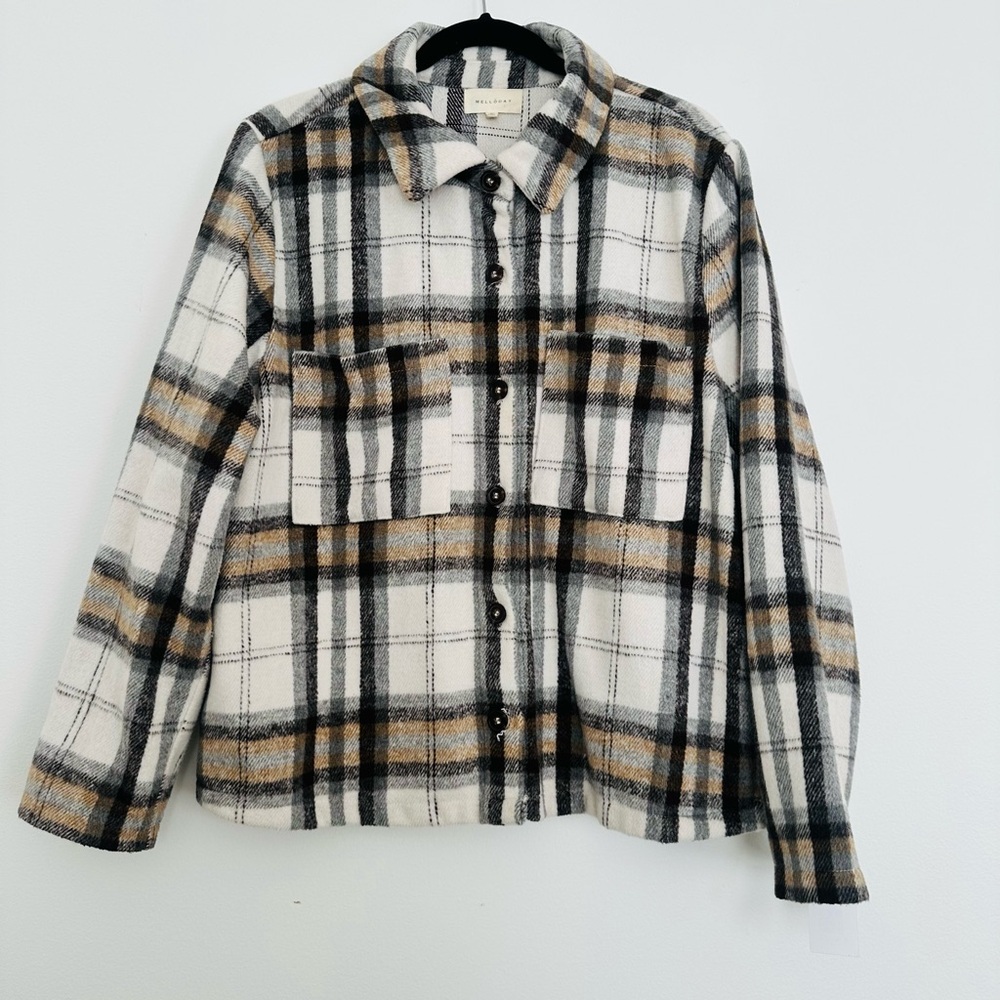 MELLODAY Plaid Jacket in Black, White, and Tan